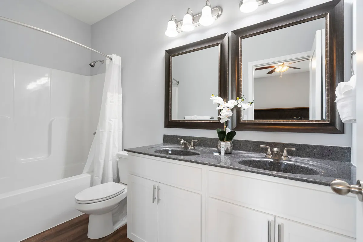 A modern bathroom with a double sink vanity, wide mirrors, a bathtub, and a decorative plant. The finishes are contemporary, and the space is bright and inviting—conducive to both energizing mornings and relaxing evenings.